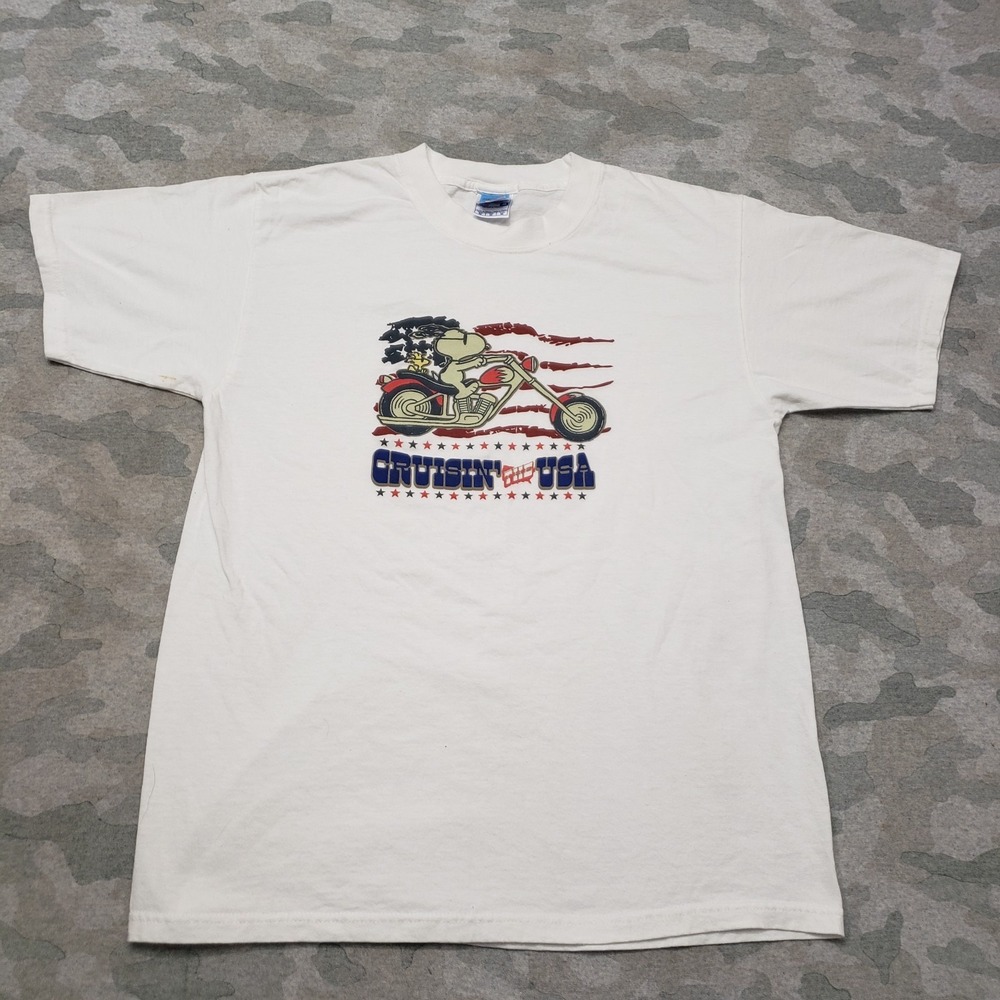 Vintage Peanuts Yazbek Shirt Mens Medium White Short Sleeve Y2k Motorcycle